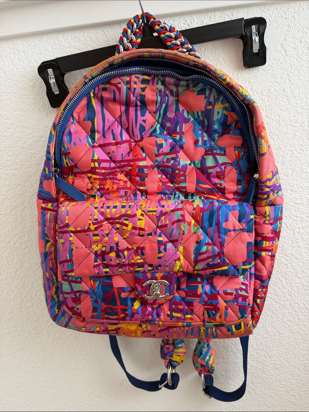CHANEL Multicolor Quilted Canvas Backpack - Pink, Blue, Yellow
